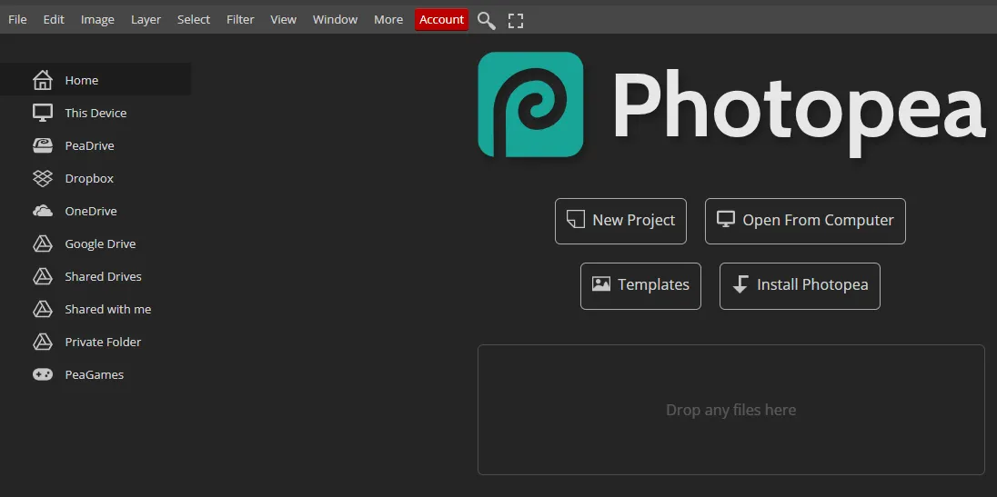 Giao diện chính của Photopea với các lớp ảnh và công cụ chỉnh sửa tương tự Photoshop