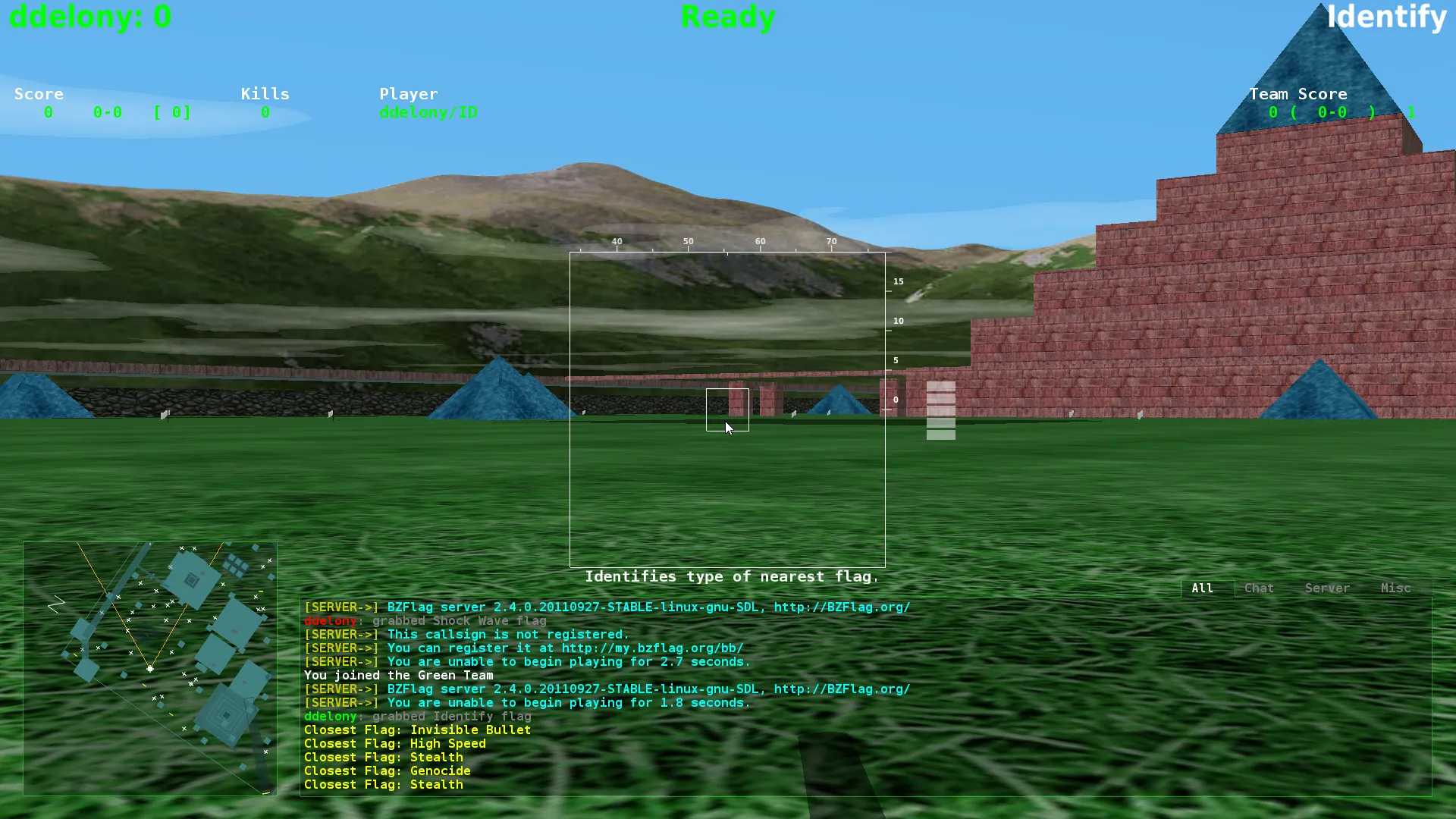 Giao diện chơi game BZFlag với đồ họa 3D đa giác, hiển thị xe tăng đang chiến đấu trong môi trường nhiều người chơi, minh họa cho game mạng trên Unix.