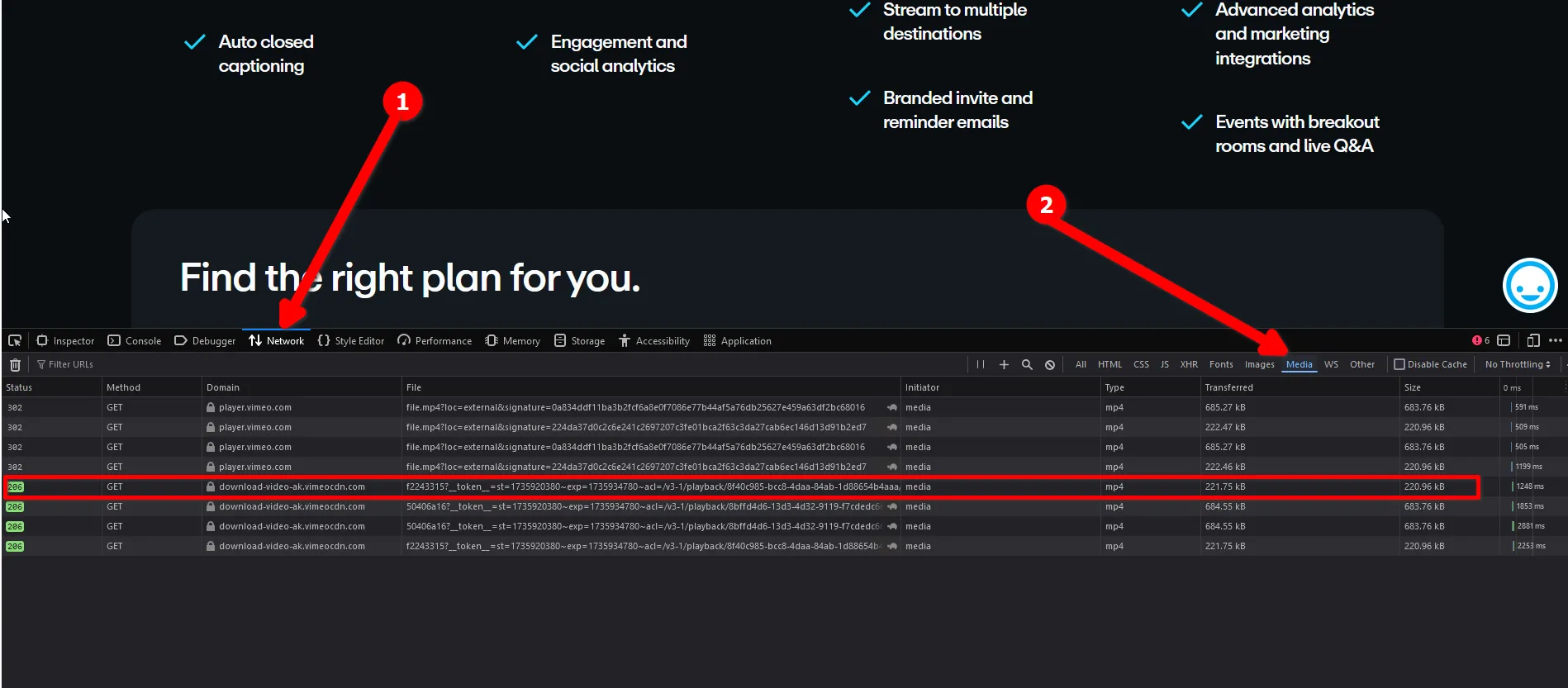 Giao diện Công cụ nhà phát triển Firefox với tab &quot;Network&quot; và bộ lọc &quot;Media&quot; đang tải danh sách tệp video.