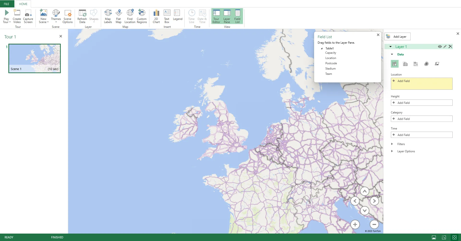 Giao diện cửa sổ 3D Map của Microsoft Excel, chưa có dữ liệu trong bảng Layer Pane.