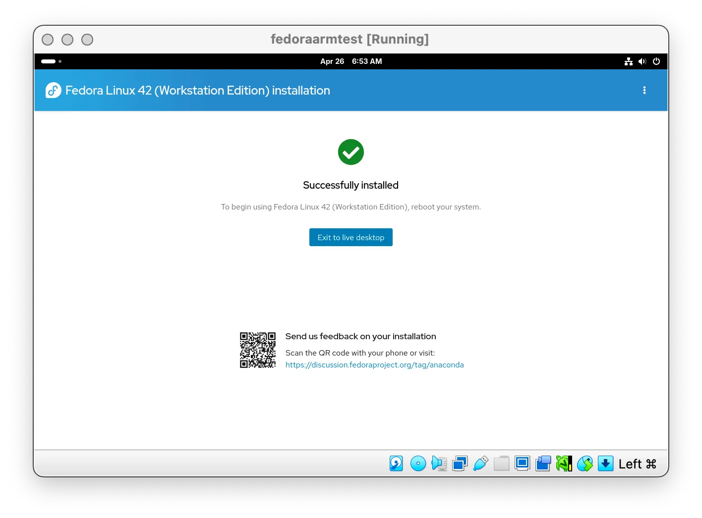 Giao diện desktop của Fedora Linux đang chạy thành công trong VirtualBox trên Apple Silicon.