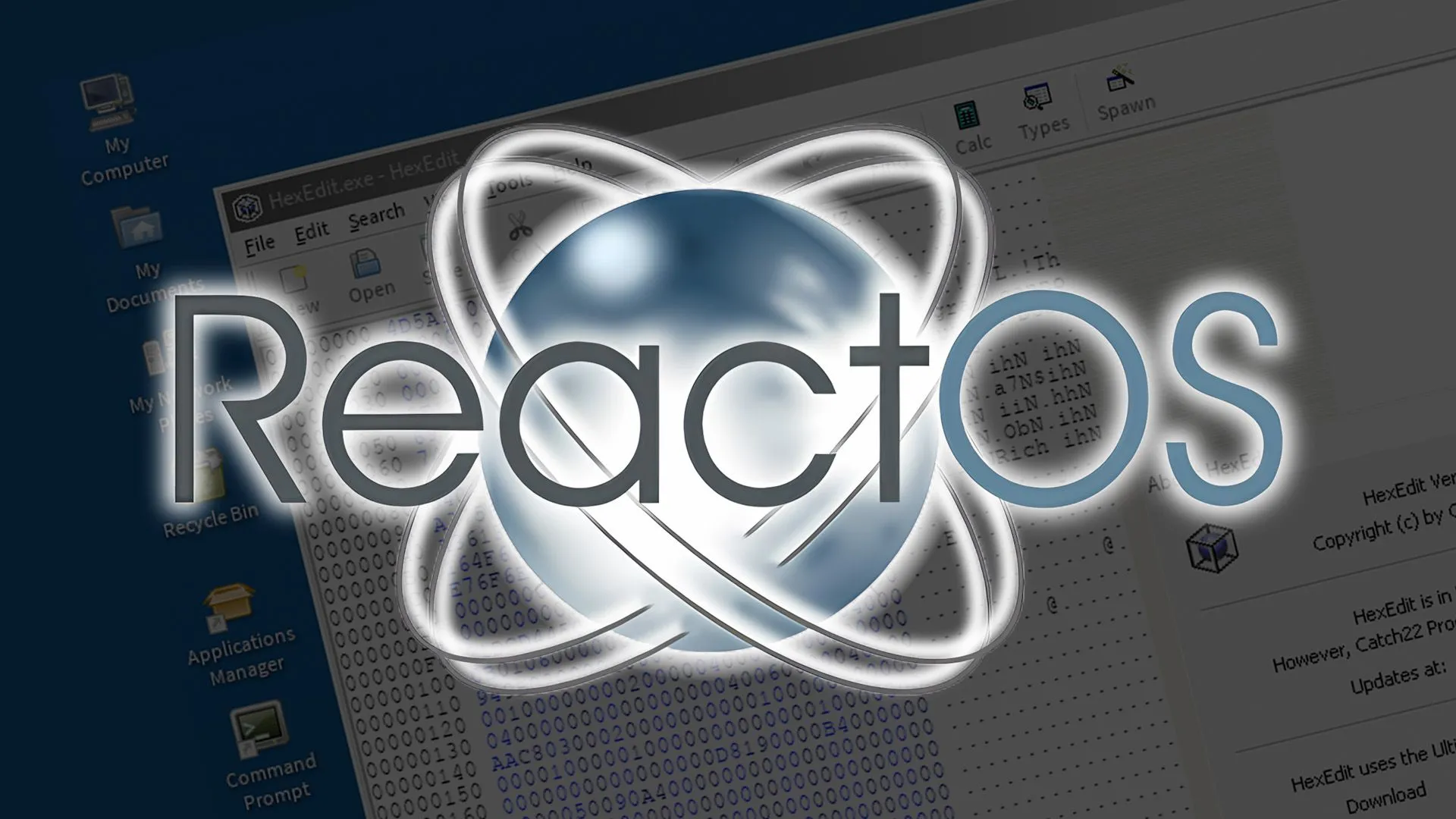 Giao diện desktop của ReactOS hiển thị các cửa sổ và biểu tượng
