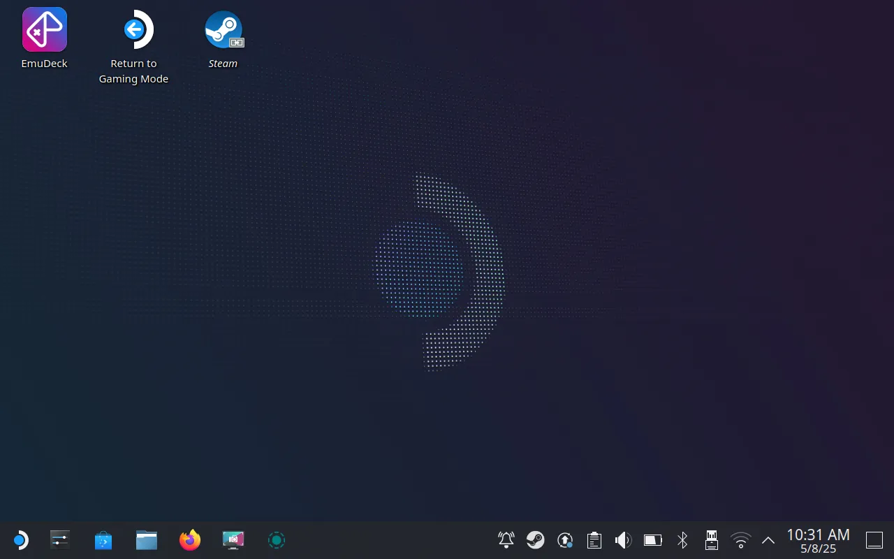 Giao diện Desktop Mode của SteamOS với thanh tác vụ và các biểu tượng ứng dụng, cho phép sử dụng Steam Deck như một PC