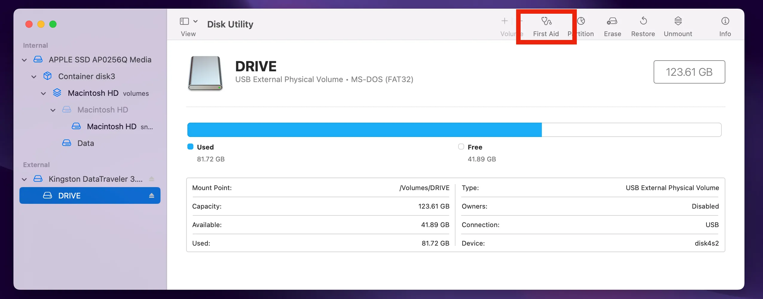 Giao diện Disk Utility trên macOS và chức năng First Aid