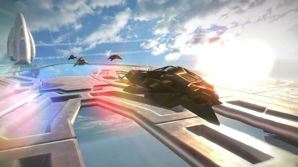 Giao diện đua xe WipEout Omega Collection với hiệu ứng tốc độ và vũ khí