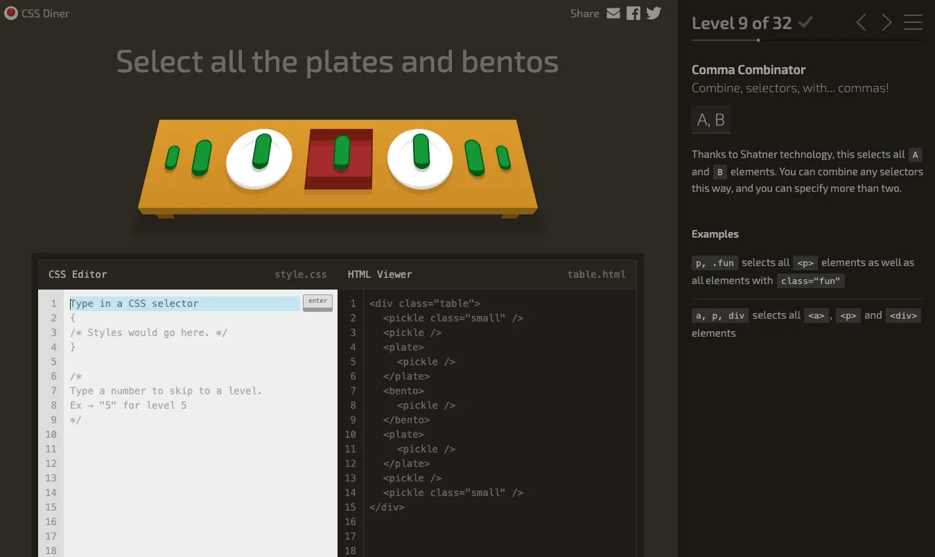 Giao diện game CSS Diner, một khay gỗ đựng hộp cơm bento, đĩa và dưa muối, dùng để thực hành CSS Selectors.