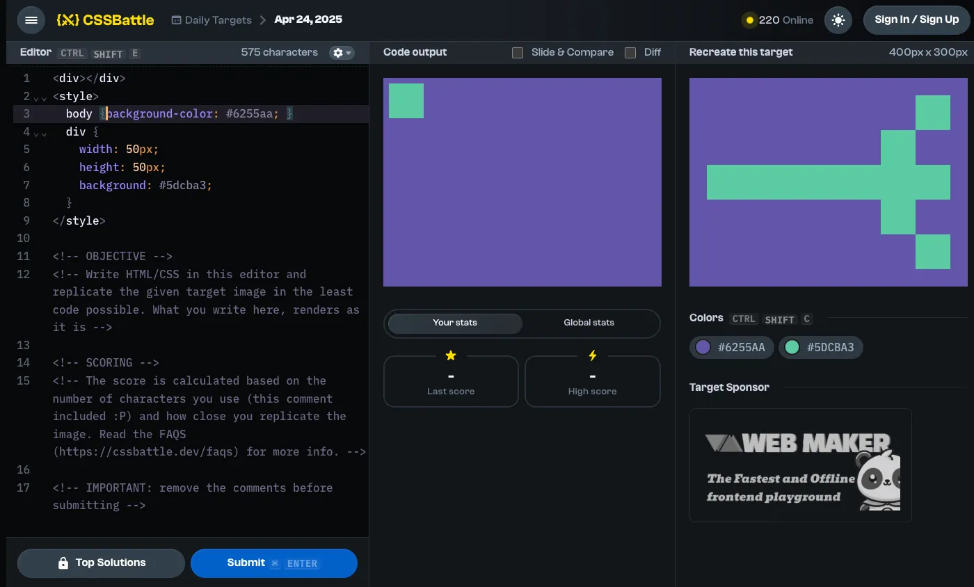 Giao diện game CSSBattle hiển thị code CSS và hình ảnh kết quả mong muốn, thách thức người chơi tái tạo hình dạng bằng CSS.