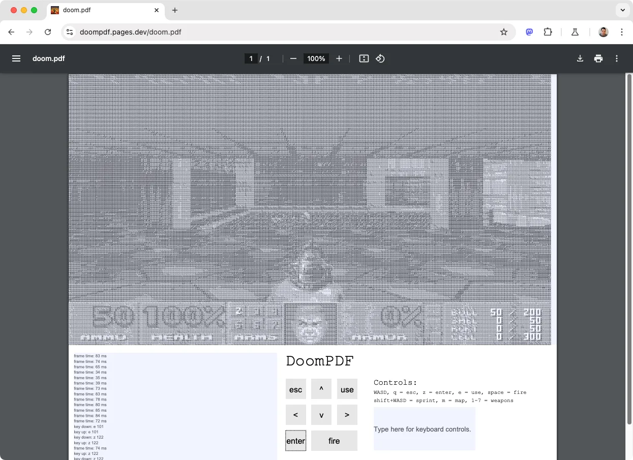 Giao diện game DOOM phiên bản DoomPDF đang hiển thị trong trình duyệt Google Chrome