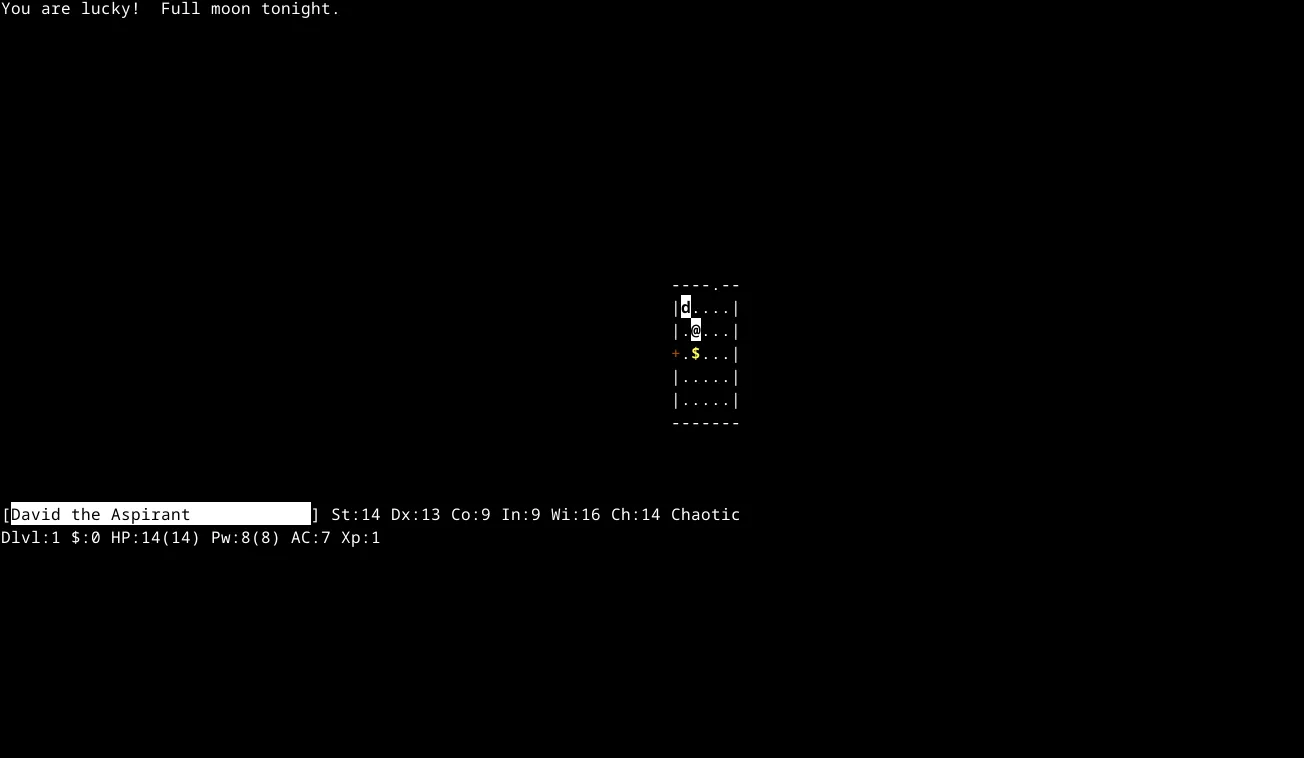 Giao diện game NetHack chạy trong terminal Linux, với đồ họa ASCII đặc trưng và các lựa chọn menu cho người chơi.