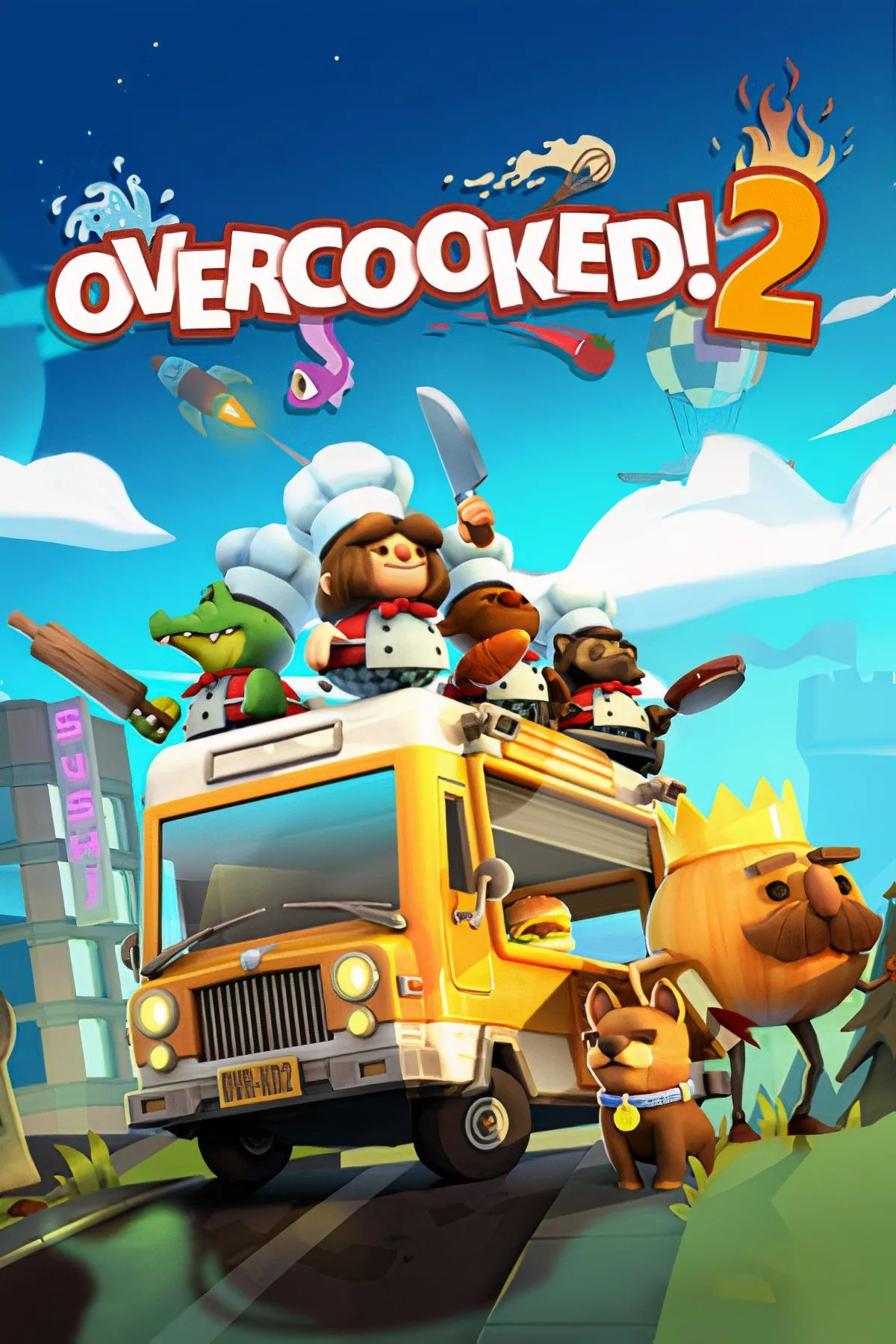 Giao diện gameplay sôi động của Overcooked! 2, nơi hai đầu bếp đang hợp tác để hoàn thành món ăn trong môi trường nhà bếp đầy thử thách.
