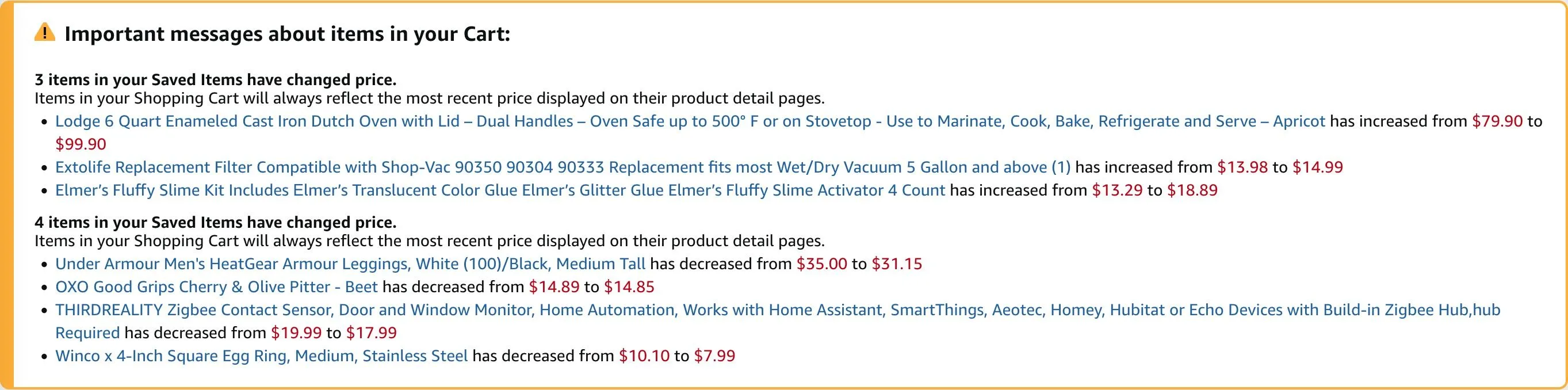 Giao diện giỏ hàng Amazon hiển thị lịch sử giá sản phẩm với các mức giảm giá