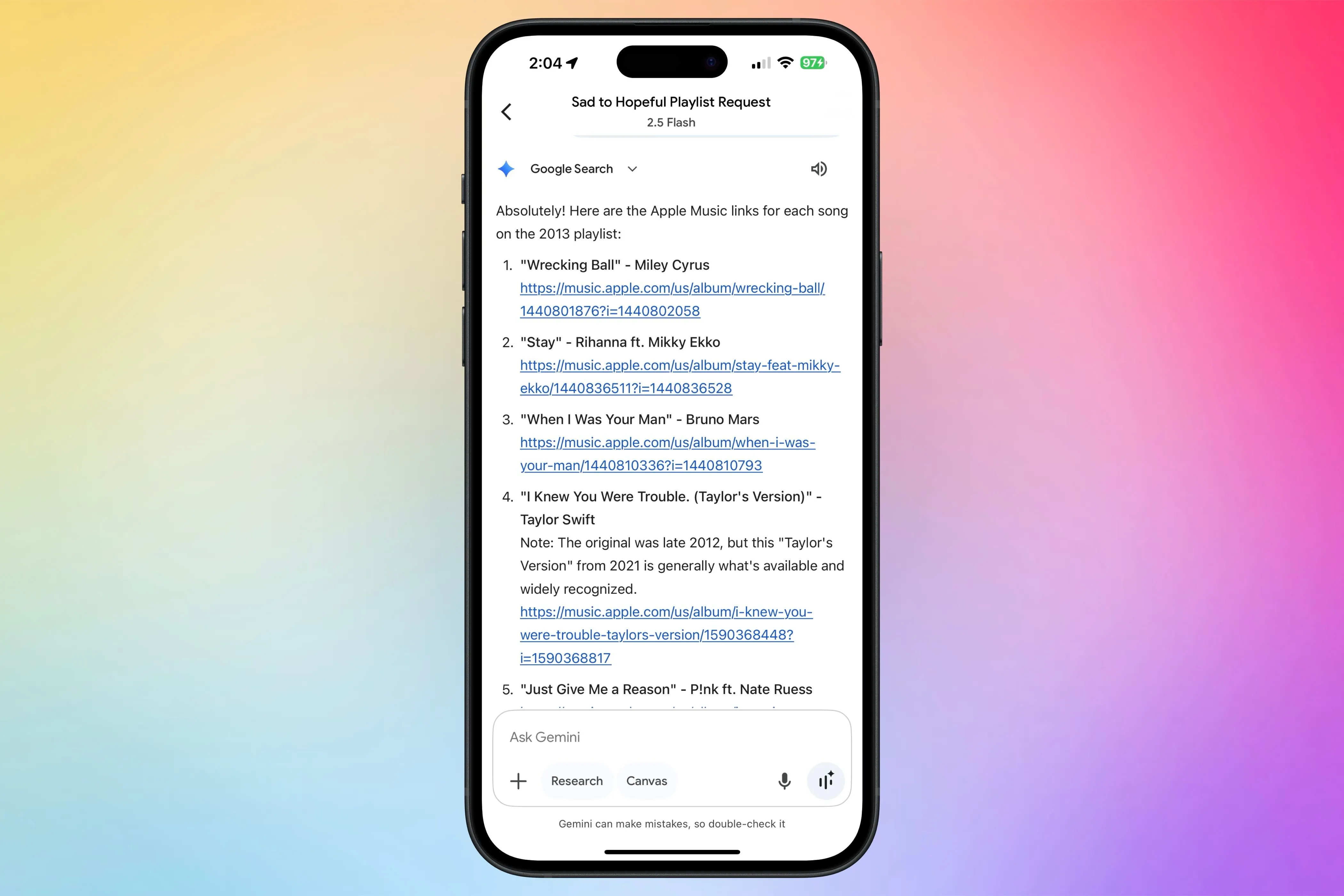 Giao diện Google Gemini đang tạo một playlist nhạc dựa trên yêu cầu của người dùng và cung cấp các liên kết trực tiếp đến bài hát trên Apple Music.