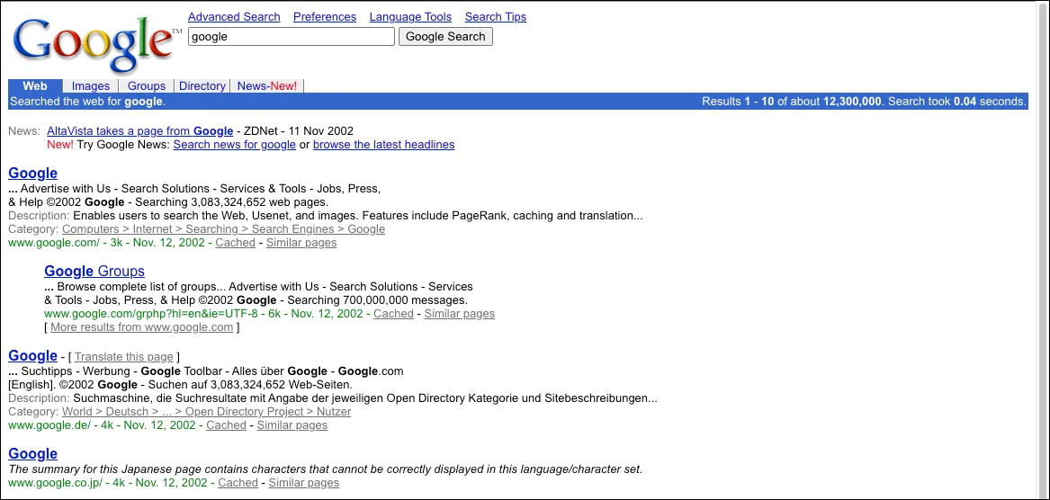 Giao diện Google Search năm 2002 hiển thị các danh mục tìm kiếm như Web, Images, News