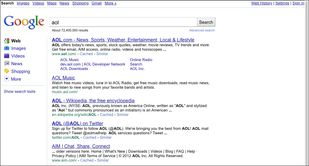Giao diện Google Search năm 2010 xuất hiện thanh sidebar dọc bên trái kết quả