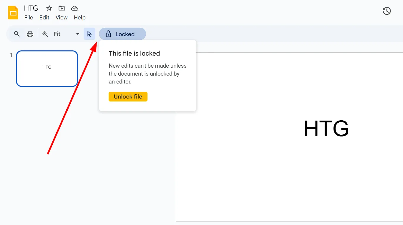 Giao diện Google Slides hiển thị thông báo tệp bị khóa, không thể chỉnh sửa