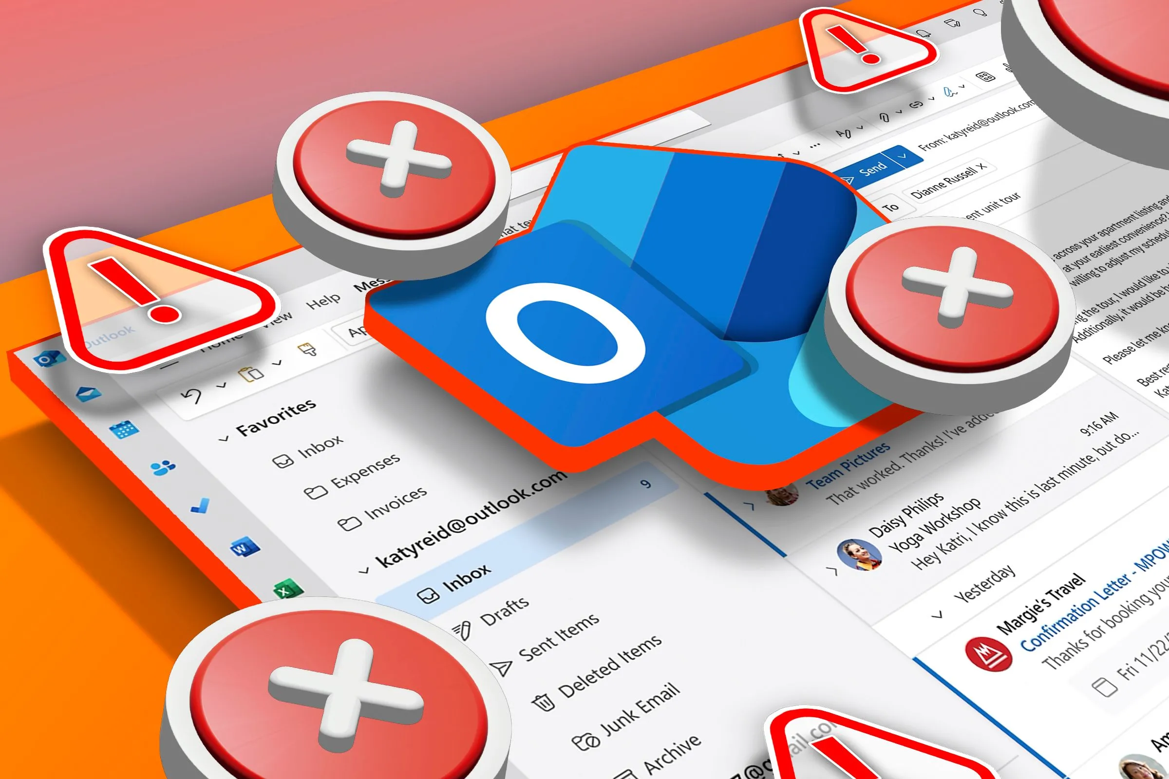 Giao diện hộp thư đến Outlook với logo mới và các biểu tượng cảnh báo