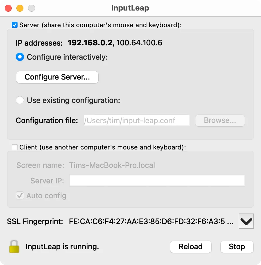 Giao diện Input Leap đang chạy ở chế độ máy chủ trên macOS.