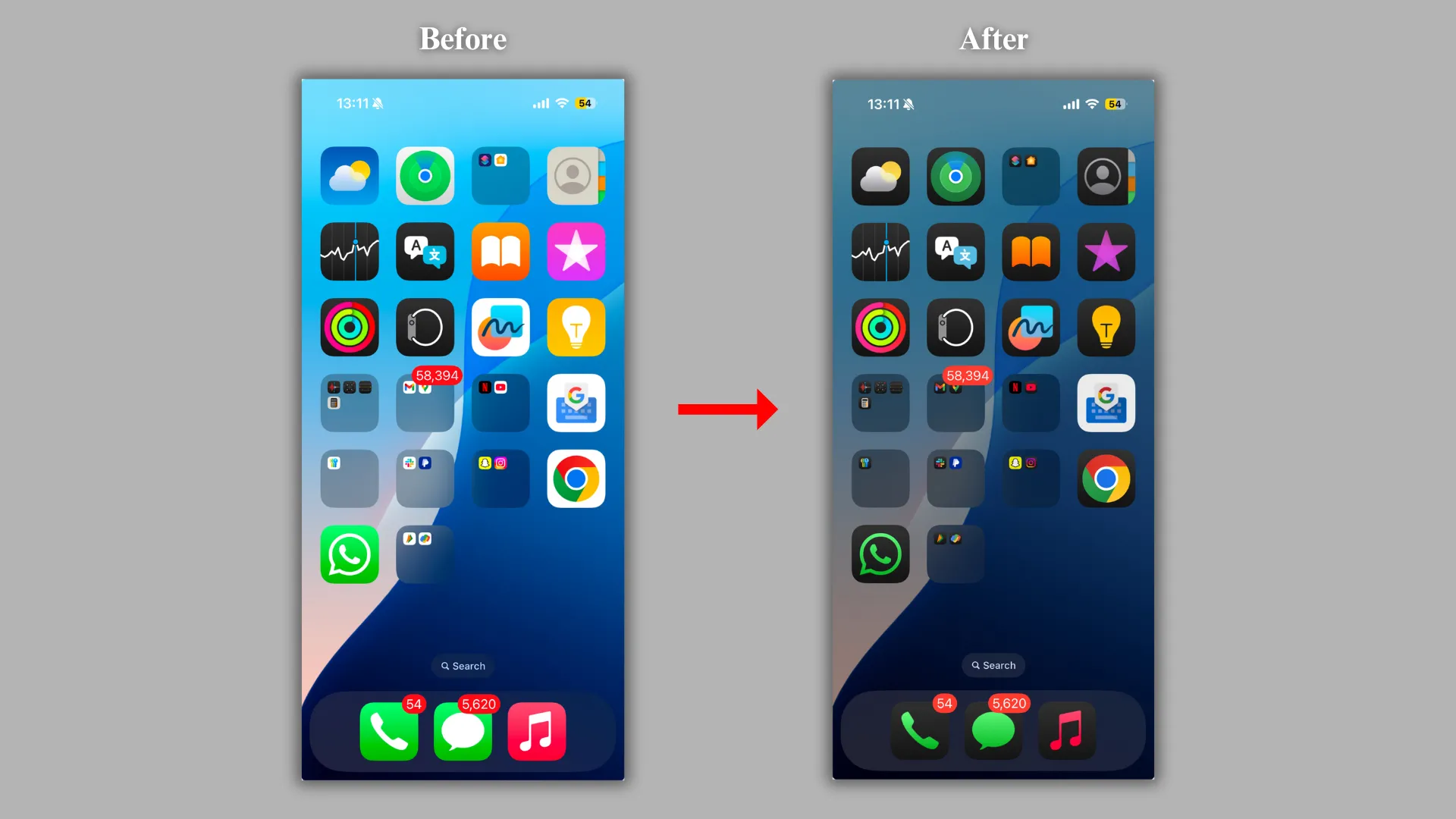 Giao diện iPhone với hình nền và biểu tượng ứng dụng trước và sau khi áp dụng chế độ tối