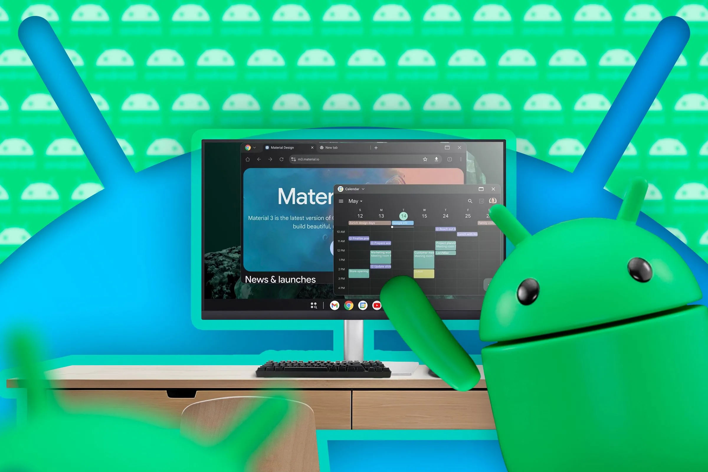 Giao diện màn hình desktop của Android đang được phát triển, với linh vật Android thân thiện, báo hiệu tương lai của chế độ desktop mode gốc.