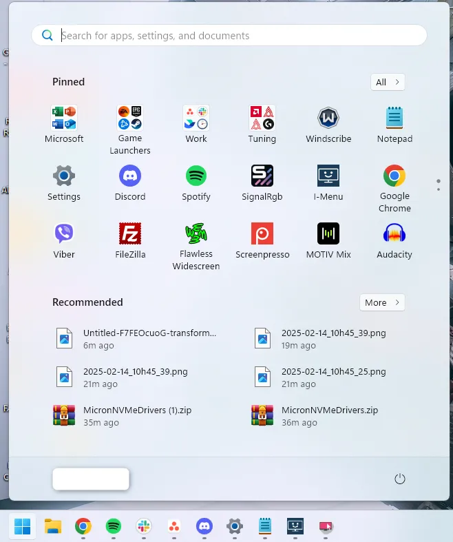Giao diện menu Start của Windows 11 với các ứng dụng được sắp xếp khoa học.
