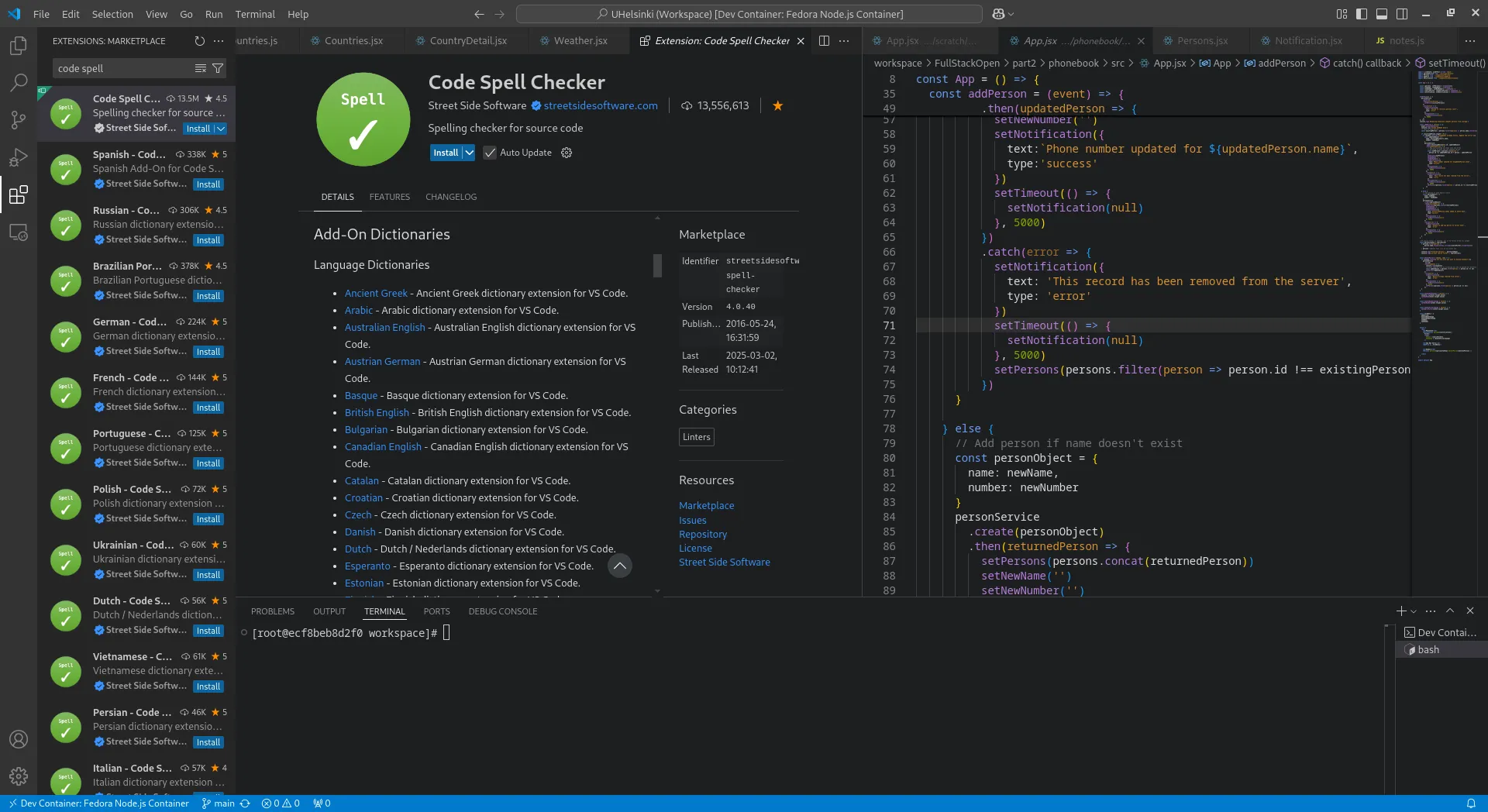 Giao diện menu tiện ích mở rộng VS Code hiển thị thông tin về Code Spell Checker, một công cụ kiểm tra chính tả cho mã nguồn.