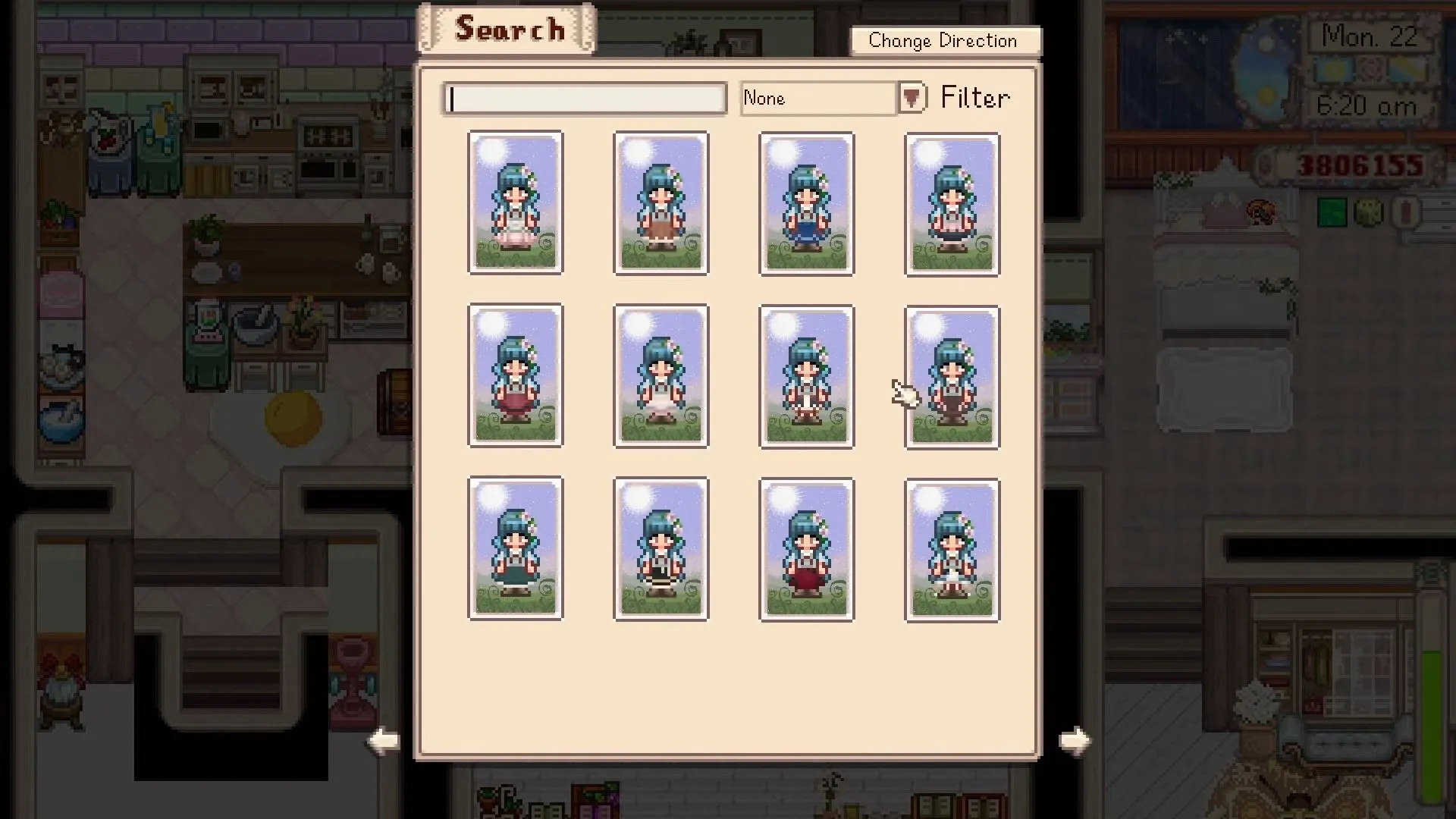 Giao diện mod Fashion Sense trong Stardew Valley, cho phép tùy chỉnh ngoại hình nhân vật dễ dàng với gương cầm tay