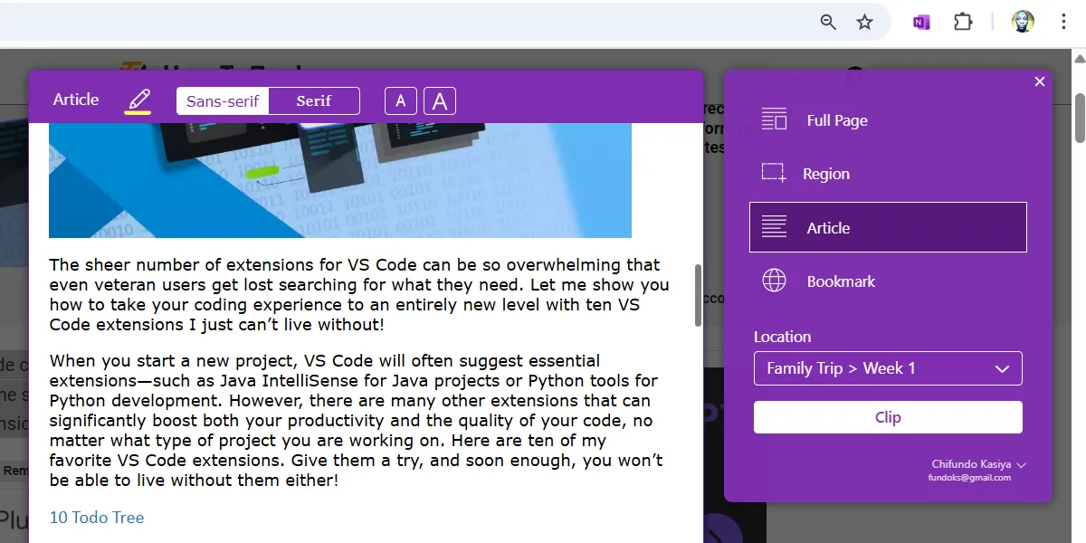 Giao diện OneNote Web Clipper đang được sử dụng trên Google Chrome, cho phép lưu trữ toàn bộ trang web hoặc các phần cụ thể vào sổ ghi chép OneNote.