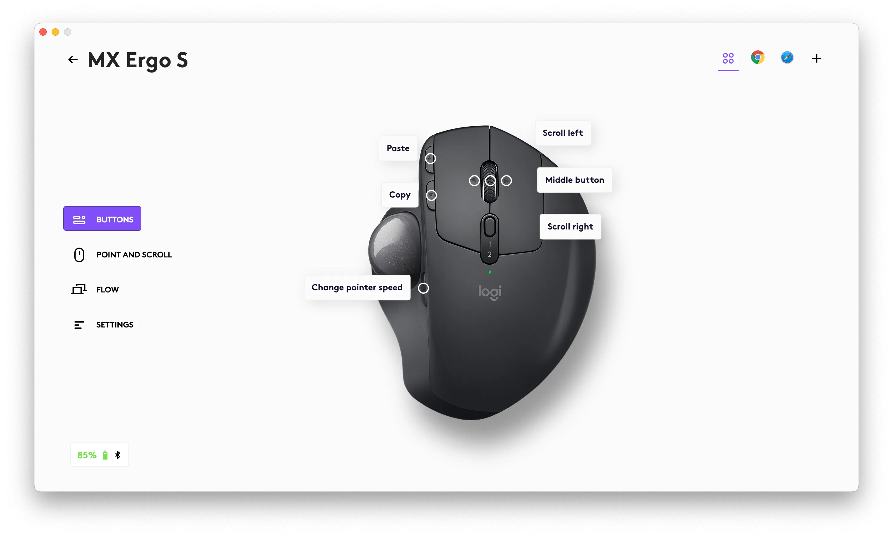 Giao diện phần mềm Logi Options+ hiển thị cài đặt nút và mức pin của MX Ergo S