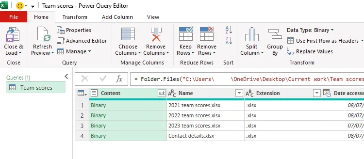 Giao diện Power Query Editor trong Excel, hiển thị danh sách các tệp đã nhập từ thư mục nguồn.