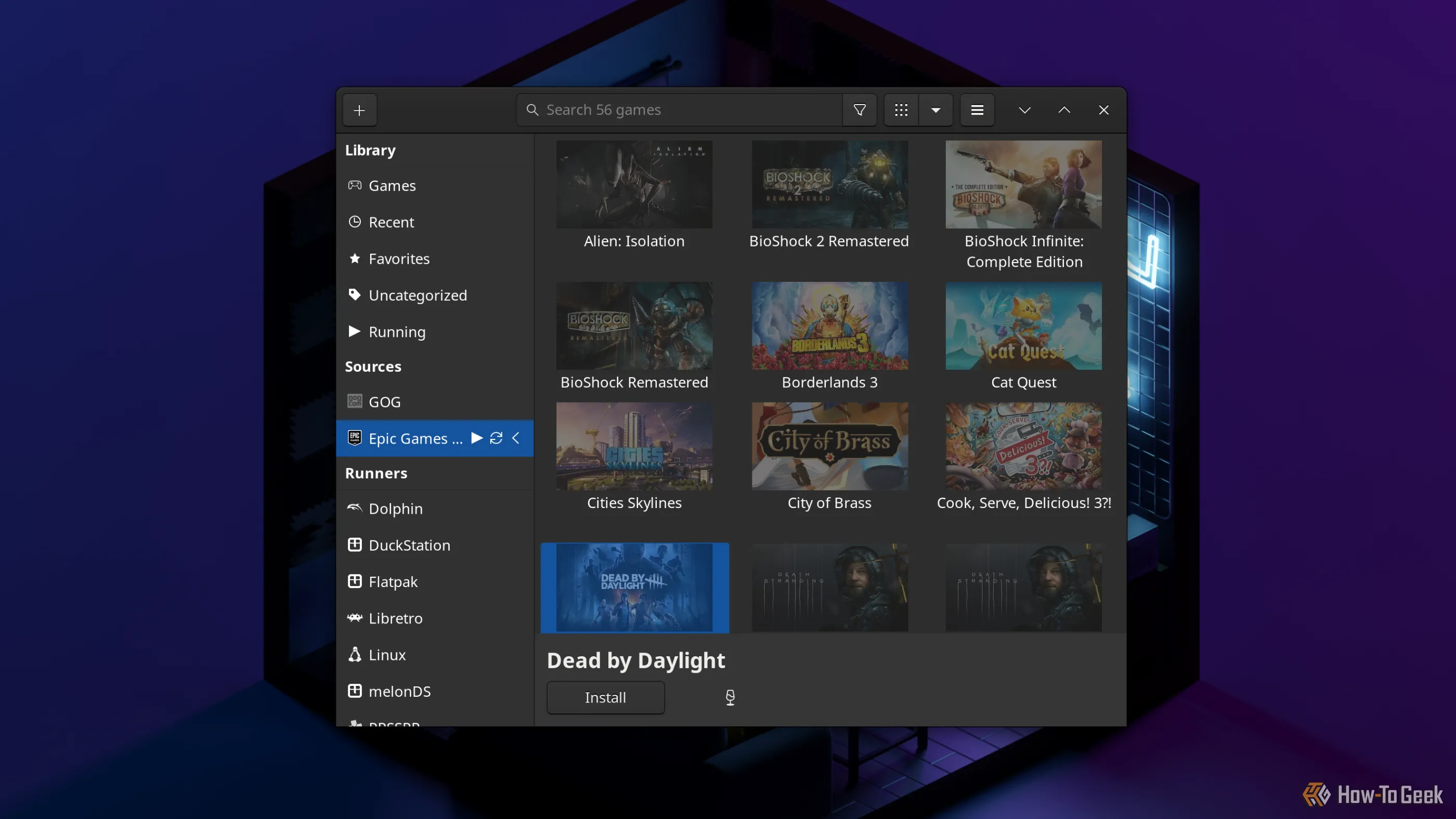 Giao diện quản lý game Lutris hiển thị các tựa game mua từ Epic Games Store, cho phép chơi game đa nền tảng trên Linux.