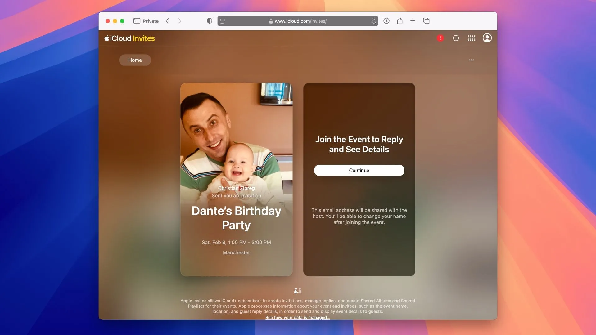 Giao diện RSVP cho sự kiện sinh nhật trên ứng dụng web Apple Invites.
