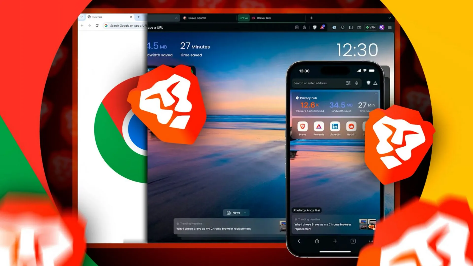 Giao diện so sánh trình duyệt Brave và Chrome, Brave chiếm ưu thế về không gian hiển thị