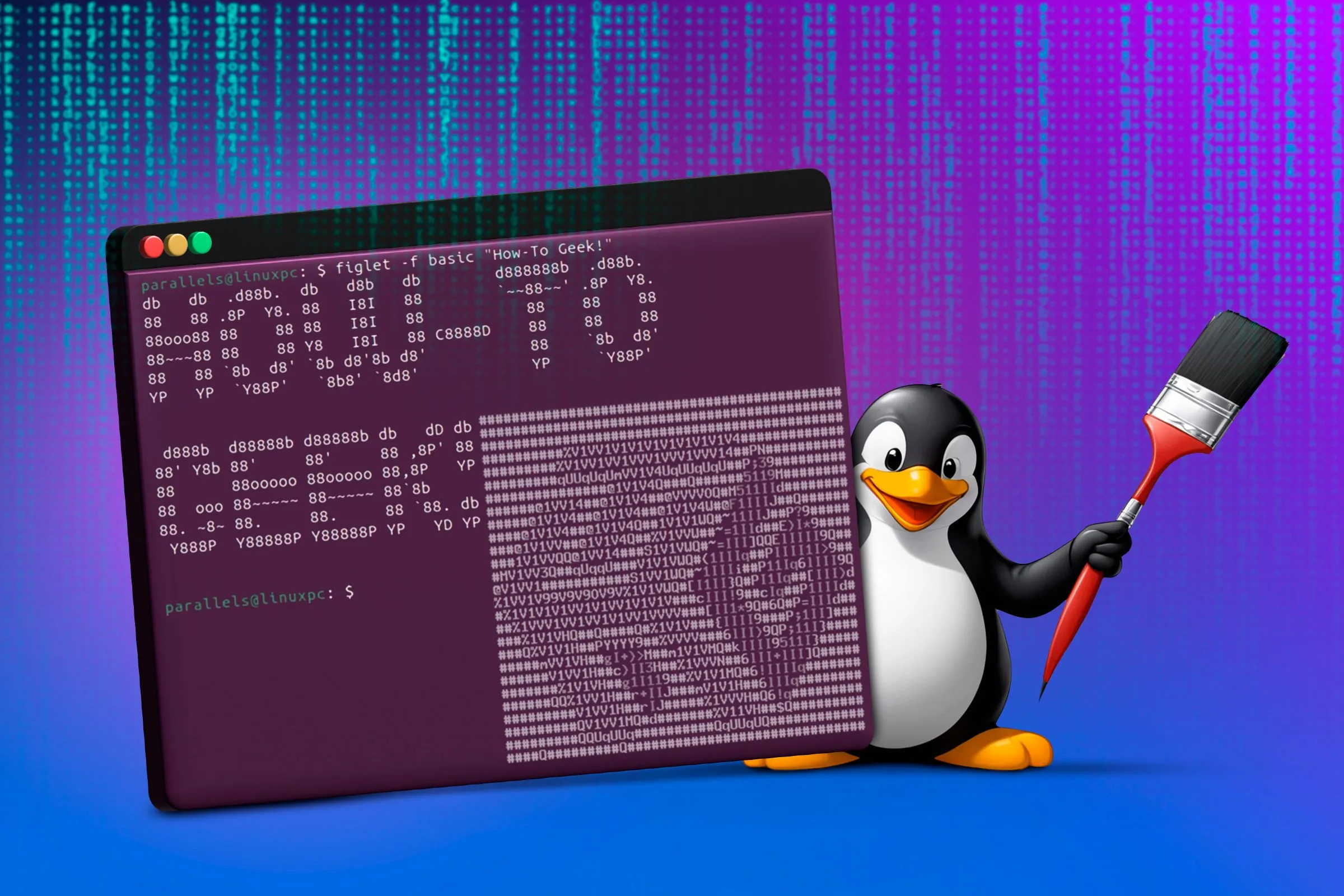 Giao diện terminal của Linux với linh vật Tux cầm cọ vẽ, tượng trưng cho khả năng tùy biến