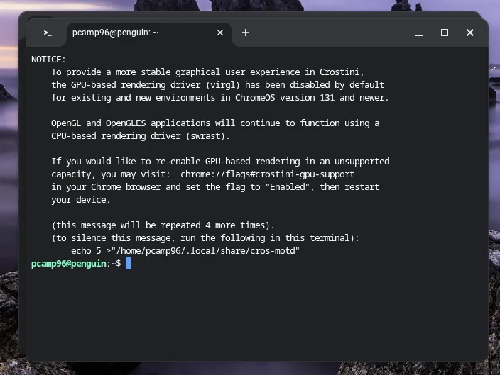 Giao diện terminal Linux được khởi chạy thành công trên Chromebook sau khi thiết lập.