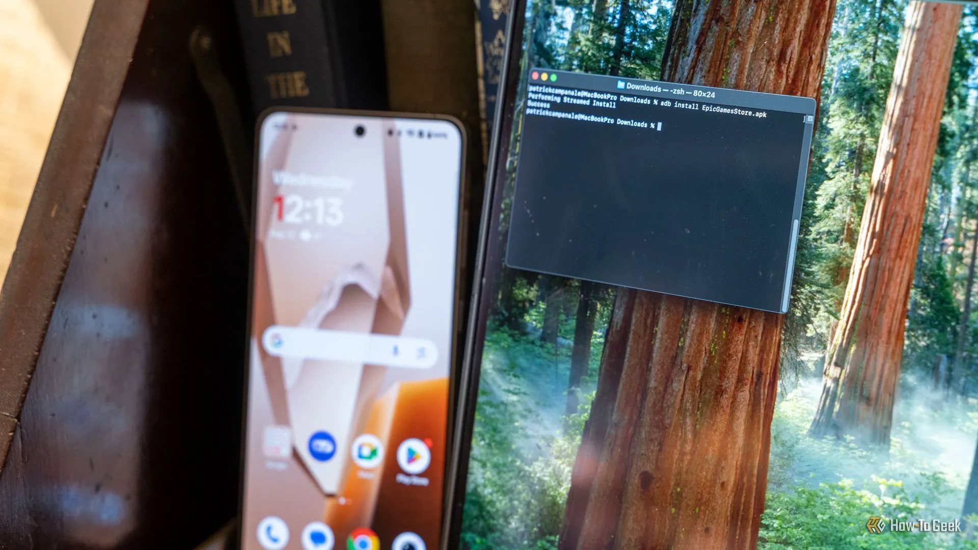 Giao diện Terminal trên máy tính Mac đang chạy lệnh adb install để cài đặt Epic Games Store APK lên điện thoại Android.