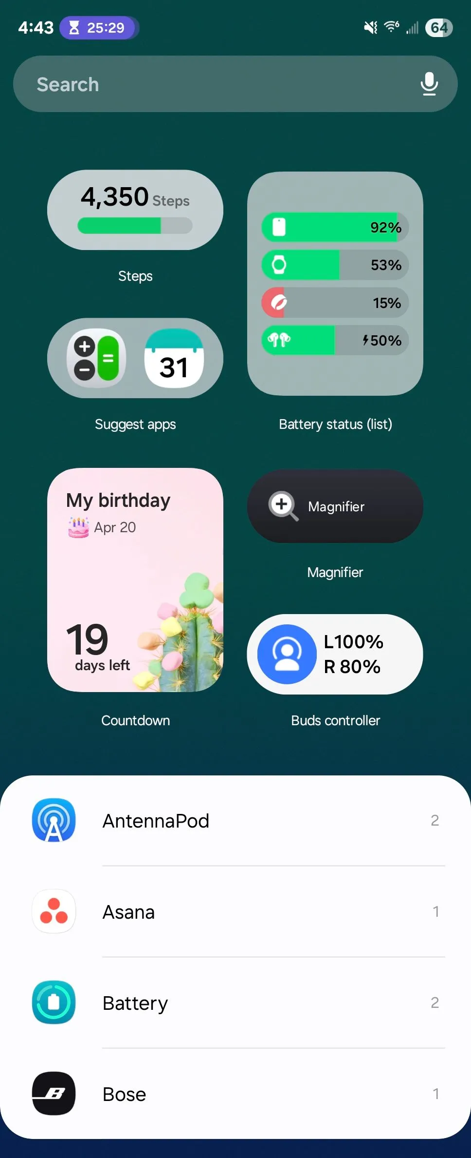 Giao diện thêm widget vào màn hình chính trong One UI 7 của Samsung, hiển thị các tùy chọn widget phong phú