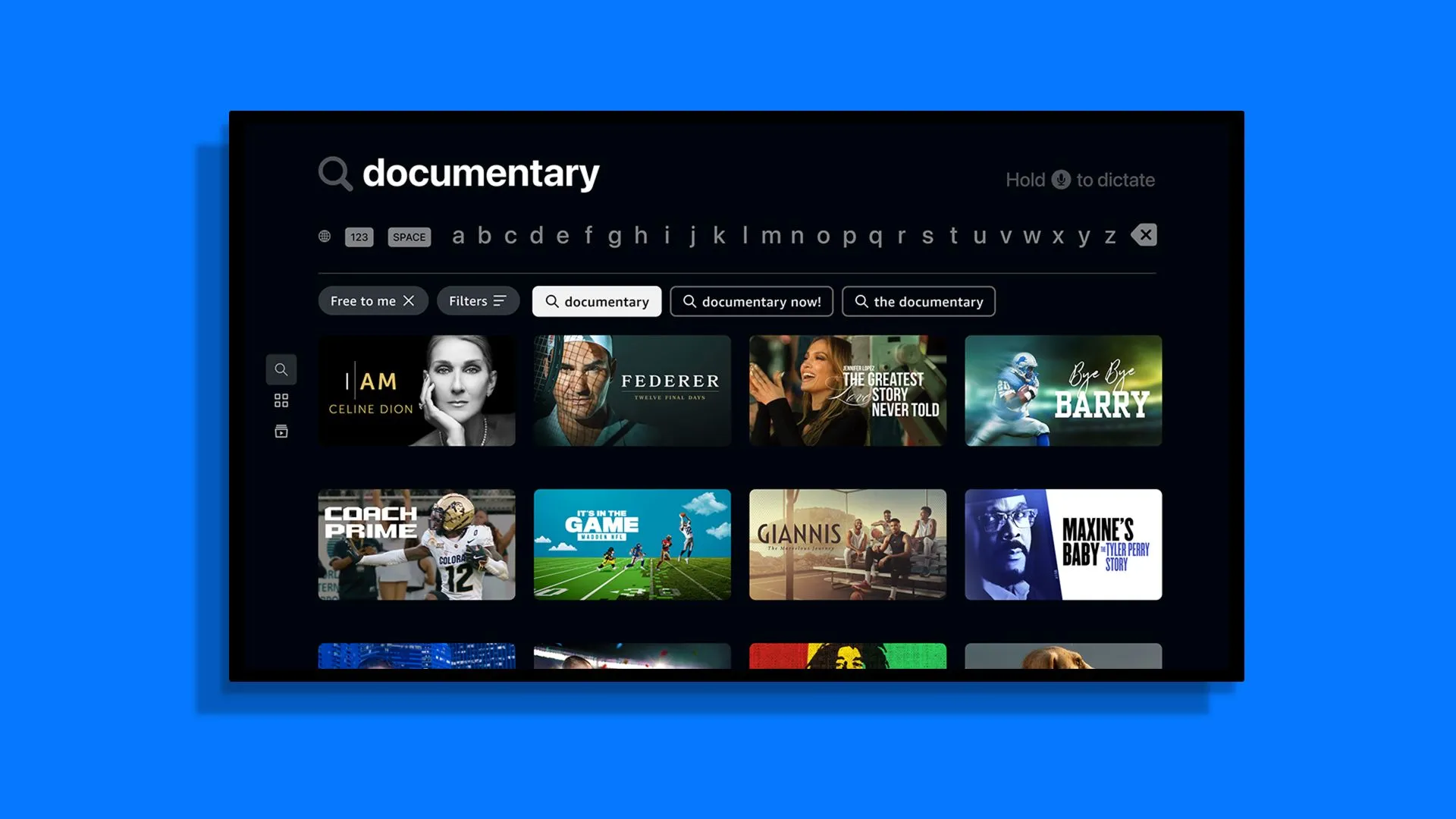 Giao diện tìm kiếm của ứng dụng Prime Video trên Apple TV, hiển thị các phim và chương trình