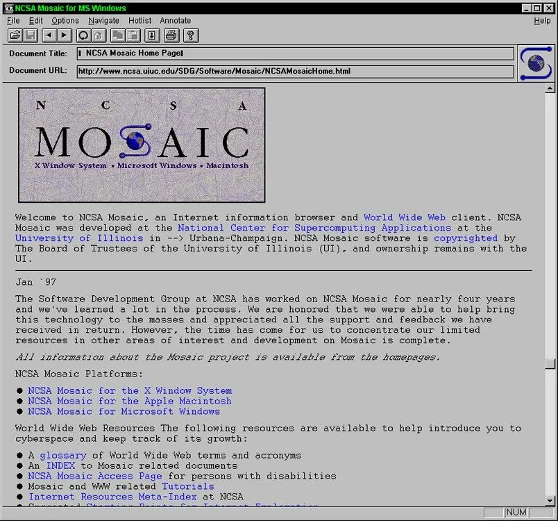 Giao diện trình duyệt web NCSA Mosaic phiên bản 1.0.2