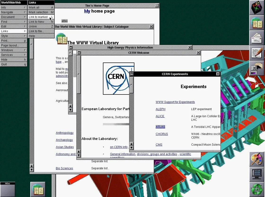 Giao diện trình duyệt web WorldWideWeb hay Nexus đang hoạt động