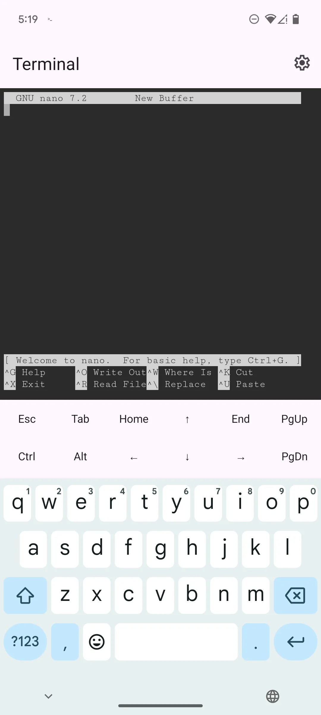 Giao diện trình soạn thảo văn bản Nano trong ứng dụng Terminal Linux trên Google Pixel 6.