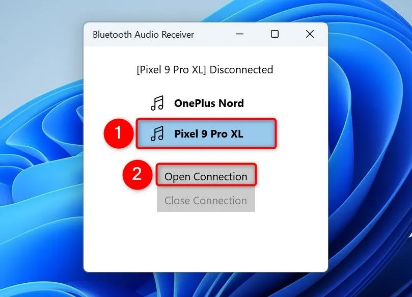 Giao diện ứng dụng Bluetooth Audio Receiver trên Windows 11, hiển thị nút &quot;Mở kết nối&quot; để bắt đầu phát âm thanh