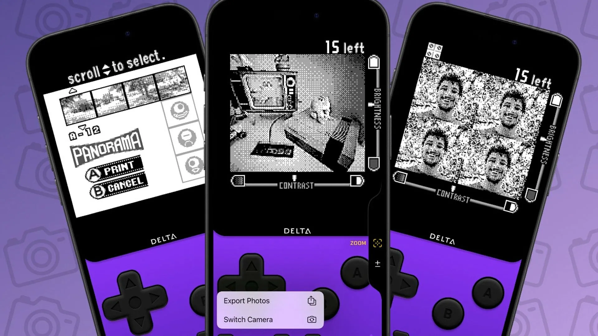 Giao diện ứng dụng Delta Camera trên iPhone mô phỏng Game Boy Camera