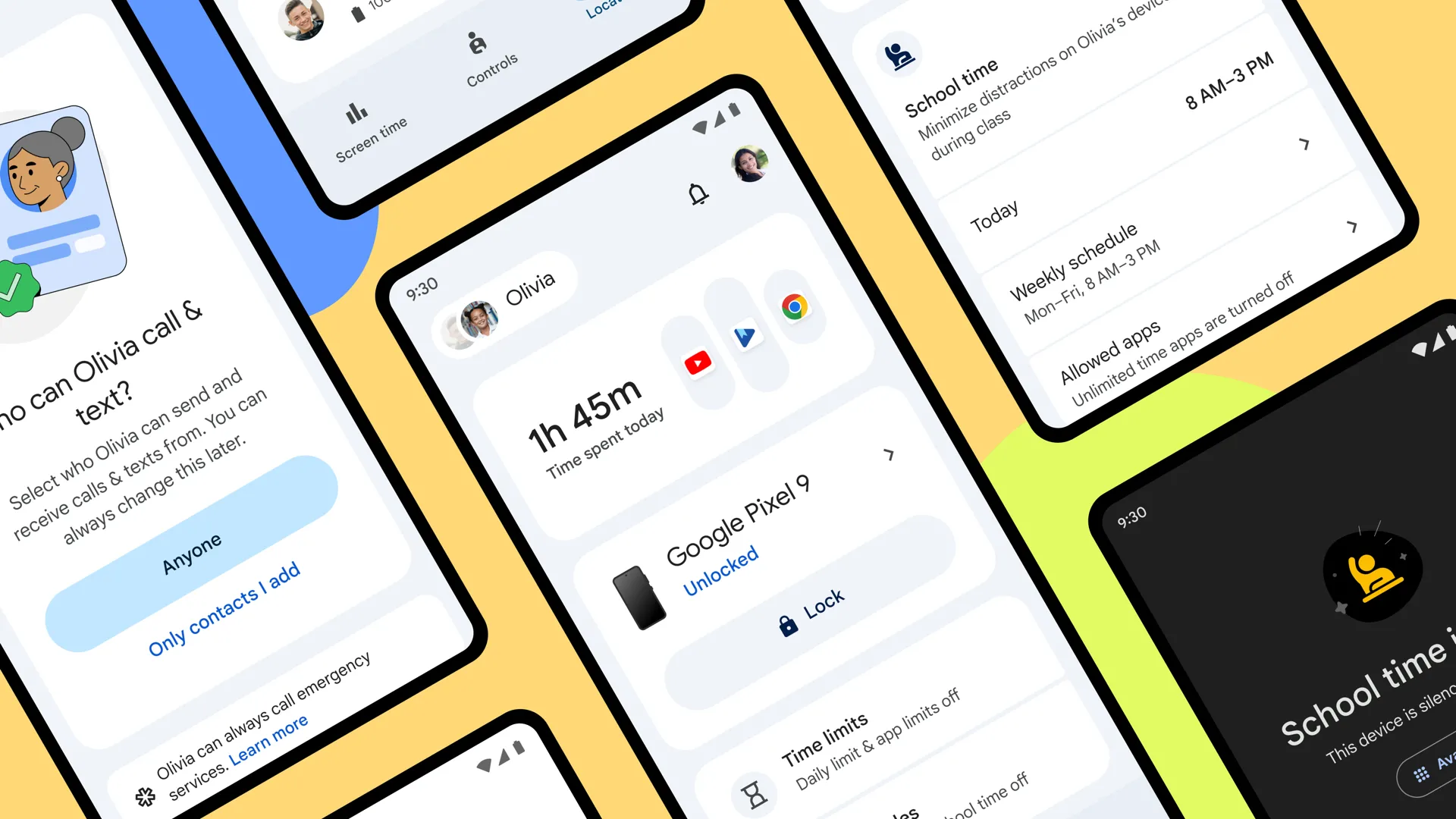Giao diện ứng dụng Google Family Link hiển thị các tính năng quản lý thiết bị cho trẻ em