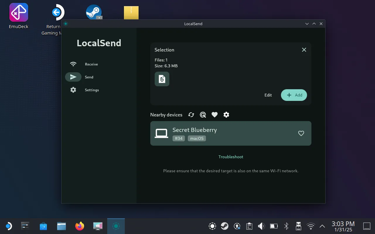 Giao diện ứng dụng LocalSend trên Steam Deck đang chuyển file ZIP chứa ảnh màn hình sang máy Mac qua mạng nội bộ.