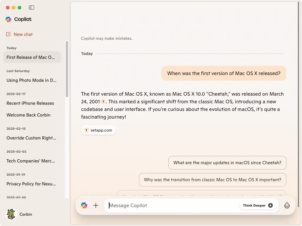 Giao diện ứng dụng Microsoft Copilot chạy trên hệ điều hành macOS