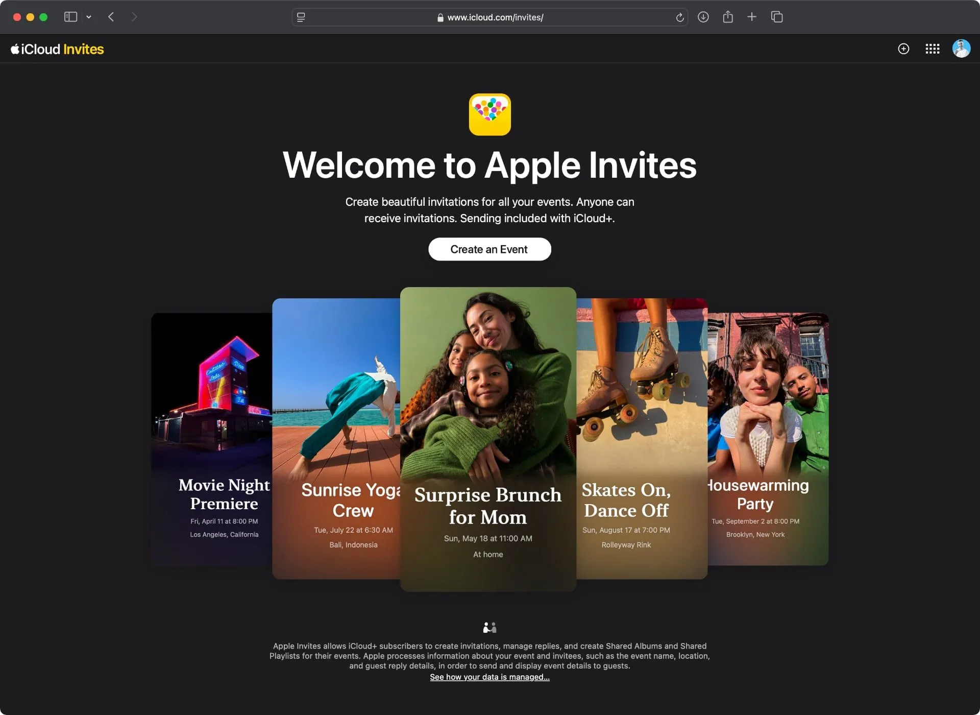 Giao diện ứng dụng web Apple Invites trên trình duyệt Safari.