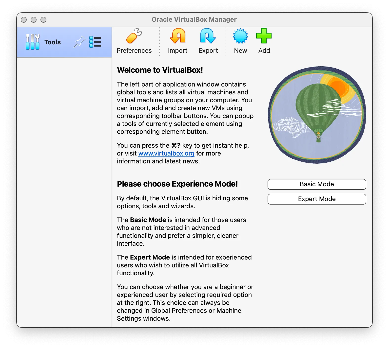 Giao diện VirtualBox Manager đang hoạt động trên macOS với chip Apple Silicon.
