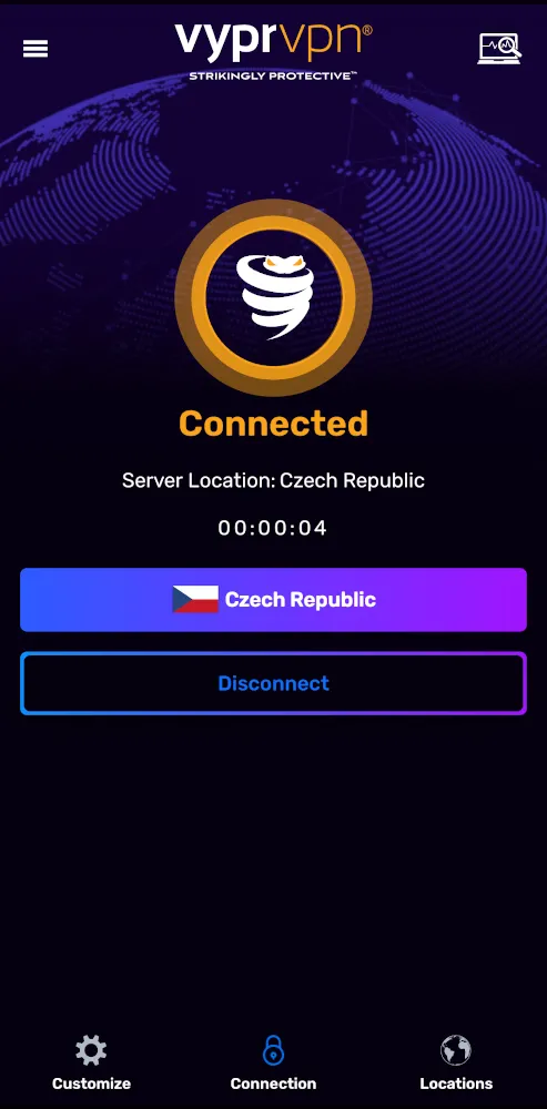 Giao diện VyprVPN sau khi kết nối thành công