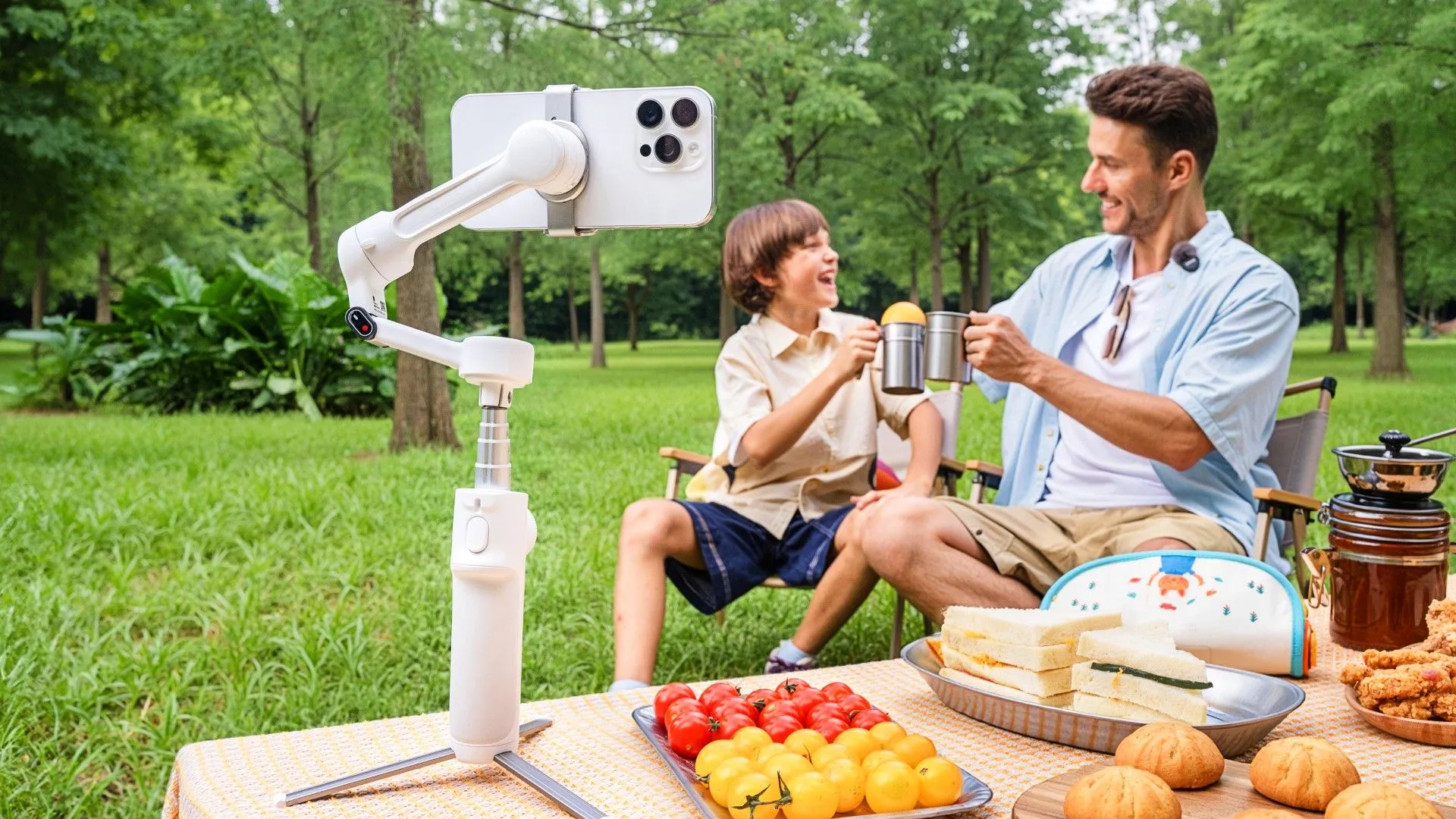 Gimbal Insta360 Flow 2 giữ điện thoại, hướng về phía một người cha và con trai đang cắm trại
