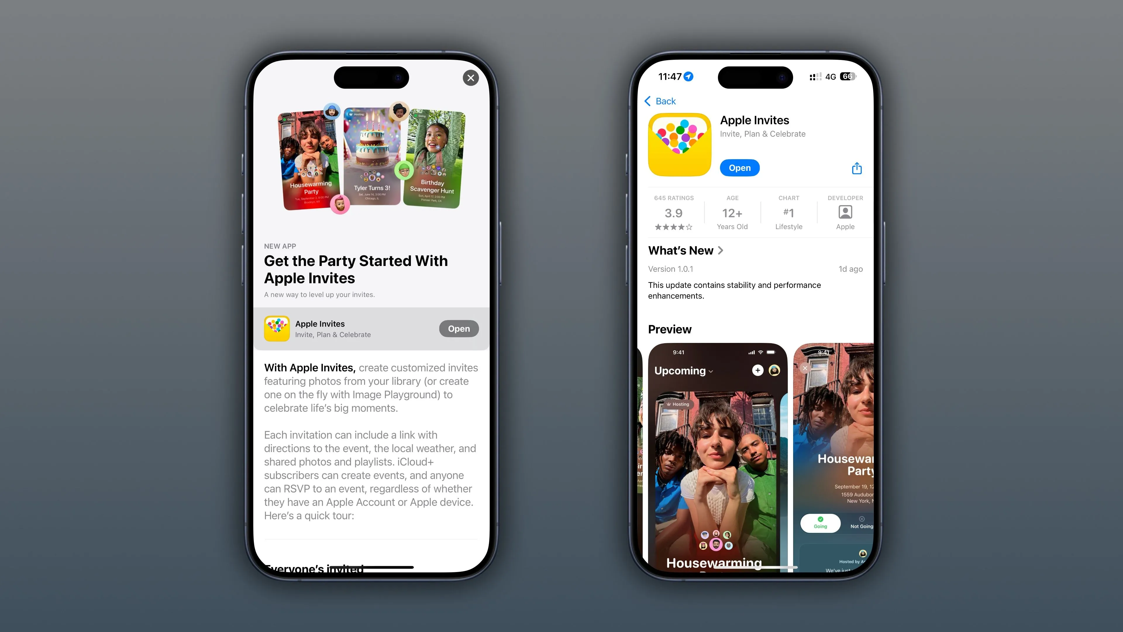 Hai ảnh chụp màn hình iPhone hiển thị ứng dụng Apple Invites trên App Store.